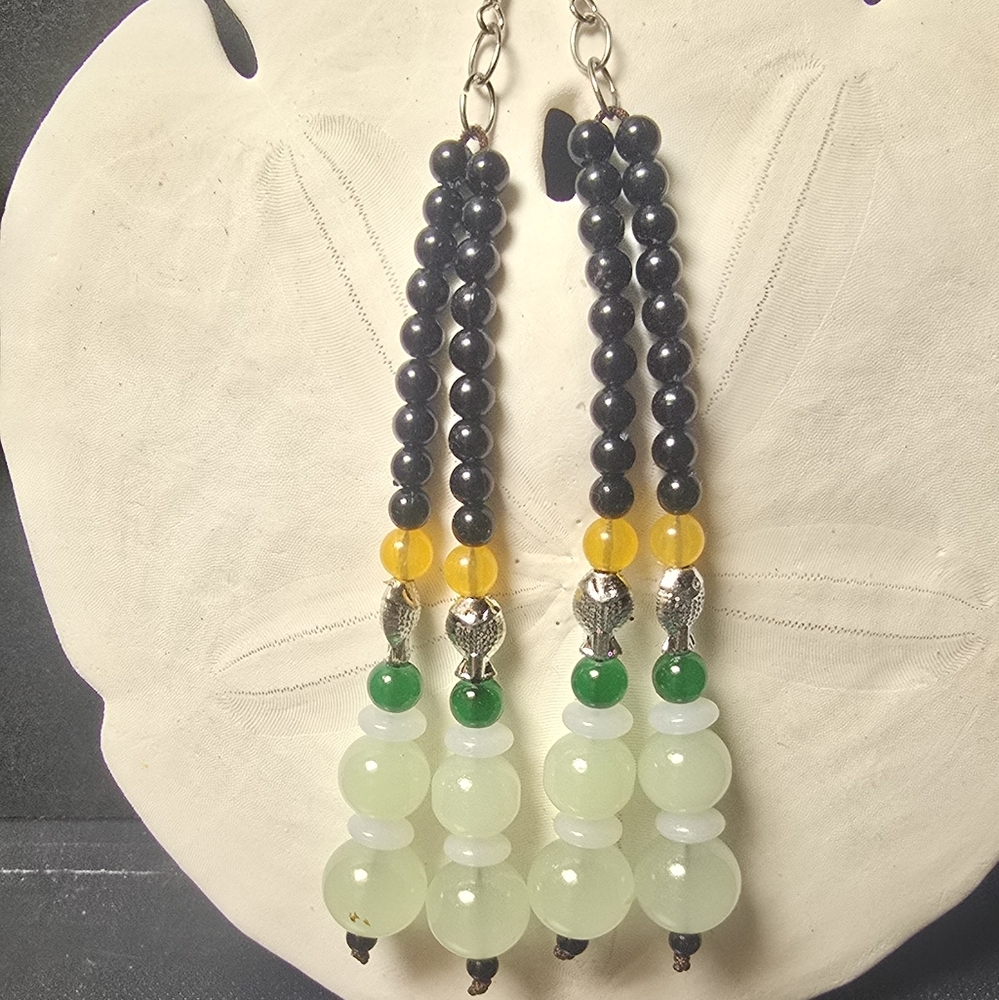 Elegant Jade Earrings with  Sexy Black Gold Green Icy White Brilliant Beads